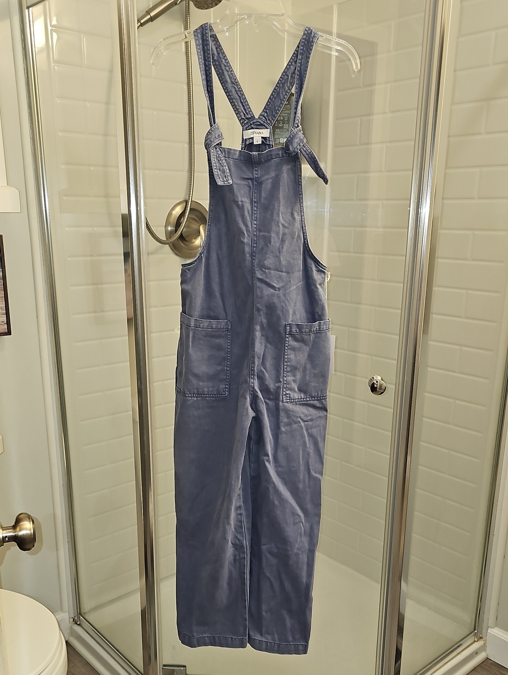 Zenana Women's Blue Washed Denim Knot Strap Wide Leg Jumpsuit/Overalls. NWT.